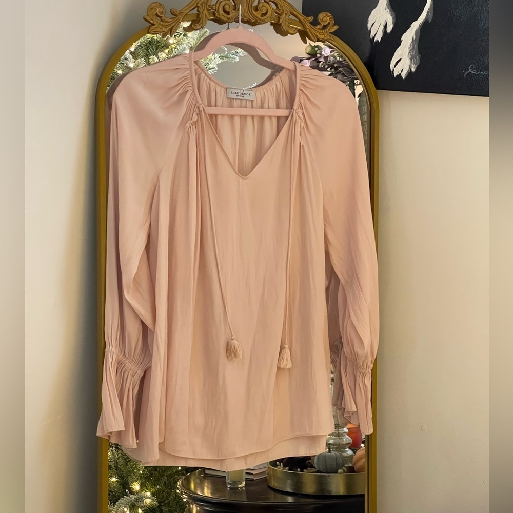 RAMY BROOK London Blush Long Sleeve Split Neck Blouse with Tassels